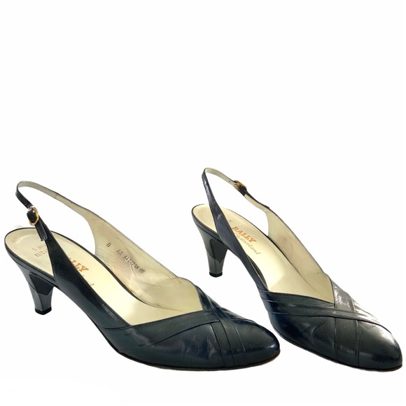 Bally Shoes - Vtg Bally Heels 8 AA Navy Slingback Leather Shoes